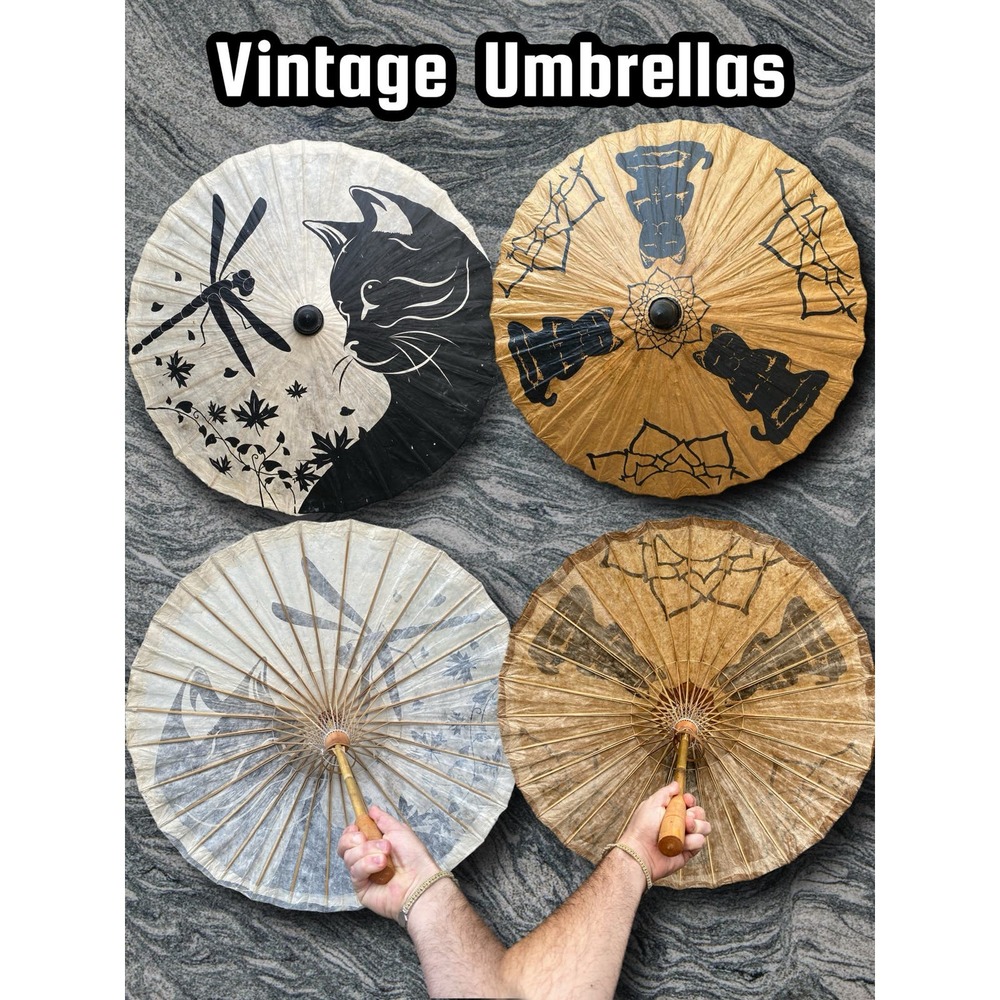 2 Vintage Wood umbrella with Black Cat designs- No rips / Tears